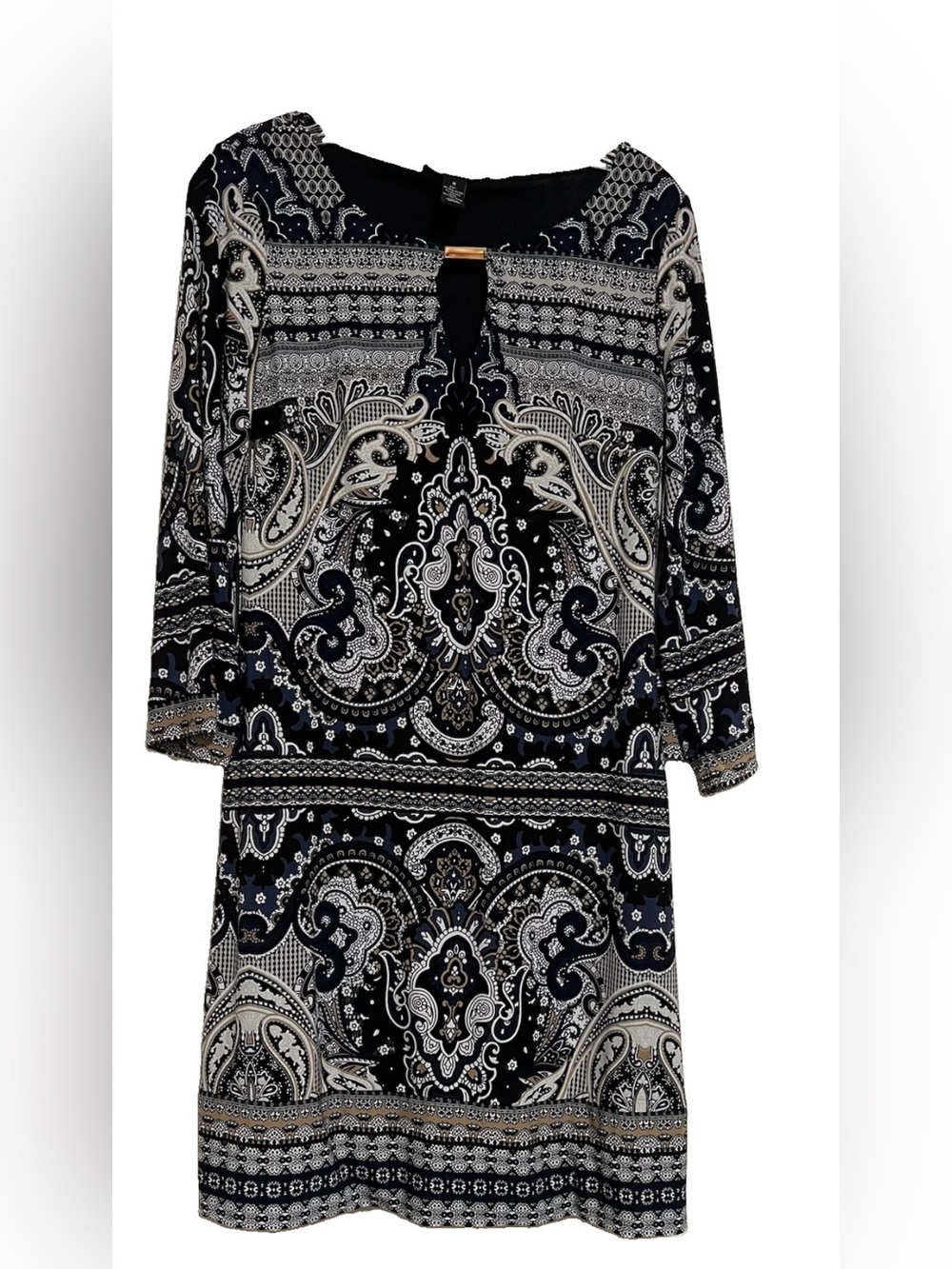 INC International Concepts Paisley Boho Floral Stretch 3/4 Sleeve Shift Dress M